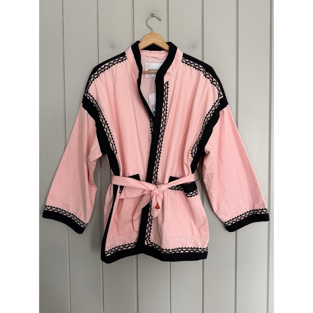 NWT Antik Batik Kim Coat S/38 Pink Black Tie Waist V-Neck Embroidered NEW